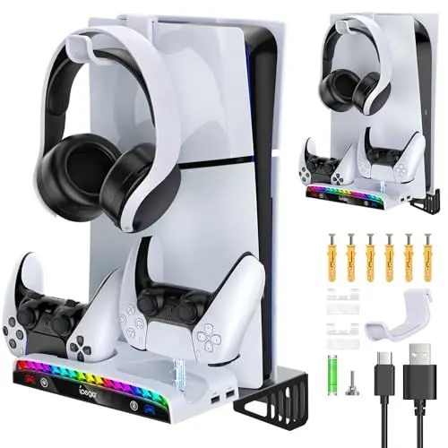 Produktbild: Auarte Playstation 5 Pro/Slim/Original Wandhalterung, PS5 Controller Ladestation mit Headset Halterung, PS5 Pro Slim Standfuß mit RGB-Licht, Playstation 5 Standfuß mit 3 USB-Ports für PS5 Zubehör