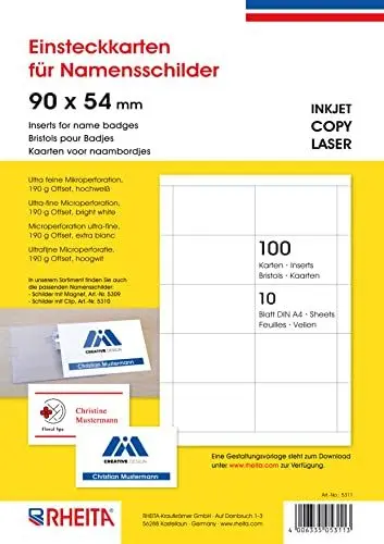 Produktbild: Rheita 5311 Einsteckkarten für Namensschilder, 100 Stück auf 10 Bögen DIN A 4 mit je 10 Karten, 90 x 54 mm