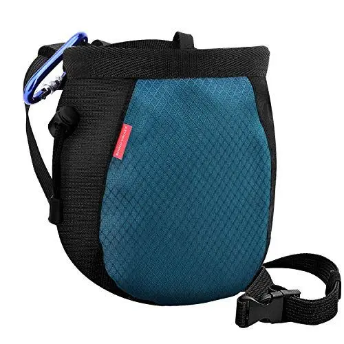 Produktbild: Rhino Valley Klettern Kreide Tasche, Auslaufsicher Kordelzug-Kreidebeutel mit verstellbarem Gürtel, Karabinerhaken und Reißverschluss Chalk Bag für Klettern, Gymnastik & Mehr - Schwarz & Königblau