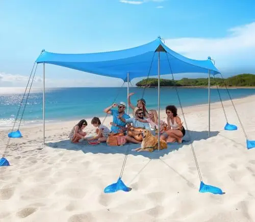 Produktbild: Rhino Valley Strandmuschel, Strandzelt Sonnenschutz UV 50+, Windschutz Strandzelt, Tragbar Sonnensegel Strand für Camping, Angeln, Picknick im Garten Strand, 10x10 FT, Himmelblau
