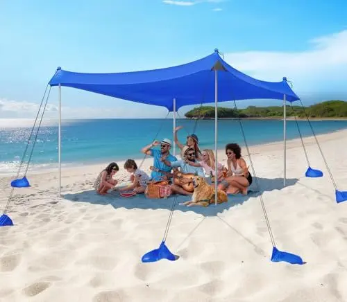 Produktbild: Rhino Valley Strandmuschel, Strandzelt Sonnenschutz UV 50+, Windschutz Strandzelt, Tragbar Sonnensegel Strand für Camping, Angeln, Picknick im Garten Strand, 10x10 FT, Indigo