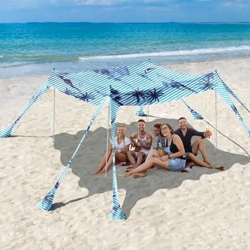 Produktbild: Rhino Valley Strandmuschel, Strandzelt Sonnenschutz UV 50+, Windschutz Strandzelt, Tragbar Sonnensegel Strand für Camping, Angeln, Picknick im Garten Strand, 10x10 FT, Schwarz Kokosnussbaum