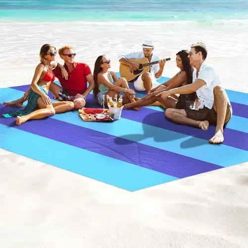 Produktbild: Rhino Valley wasserdichte Stranddecke, 300x300cm Tragbare Sandfeste Picknickdecke für 10-12 Personen mit 10 Stangen, Schnell Trocknende Reisedecke für Reisen Camping Strandurlaub, Blau/Himmelblau