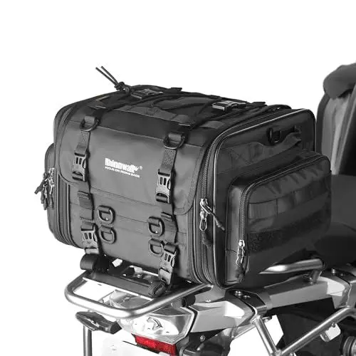 Produktbild: Rhinowalk Motorradtasche, Motorrad Hecktasche, wasserdichte Allwetter-/Kofferraum-/Gepäckträgertasche mit Sissy-Bar-Gurt,45L Schwarz