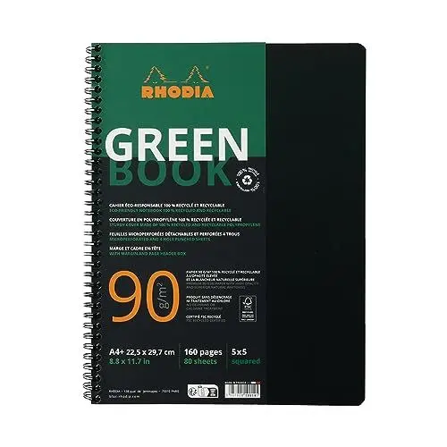 Produktbild: Rhodia 119912C - Rhodiactive Greenbook Spiralheft, kariert, DIN A4+ 22,5x29,7cm, 80 Blatt mikroperforiert, 4-fach gelocht, 100% Recycling Papier, 90, Schwarz, 1 Stück