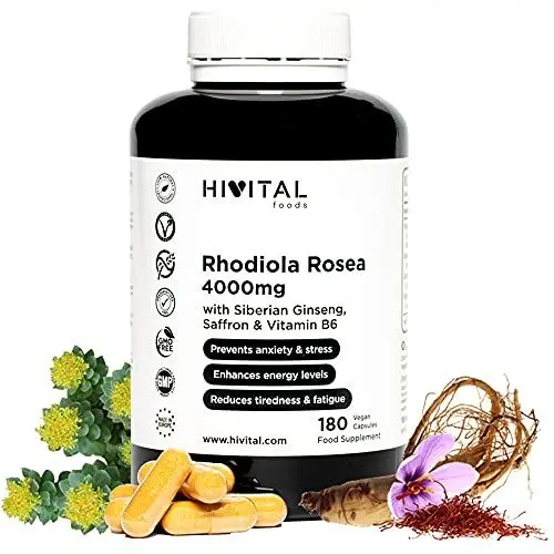 Produktbild: Rhodiola Rosea 4000 mg. 180 vegane Kapseln für 6 Monate. Mit Extrakten aus Rhodiola Rosea, sibirischem Ginseng, Safran und Vitamin B6. Hergestellt von HIVITAL