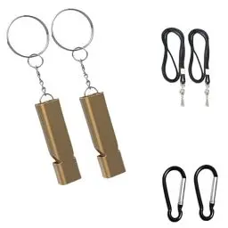 Produktbild: Rhomba 2 Stück Edelstahl Notfallpfeife Trillerpfeife, Doppel Tubes Hohe Dezibel Signalpfeife mit Schlüsselband Schlüsselanhänger für Schule Camping Jagd Sport Gym Hundetraini (A-2 Gold)