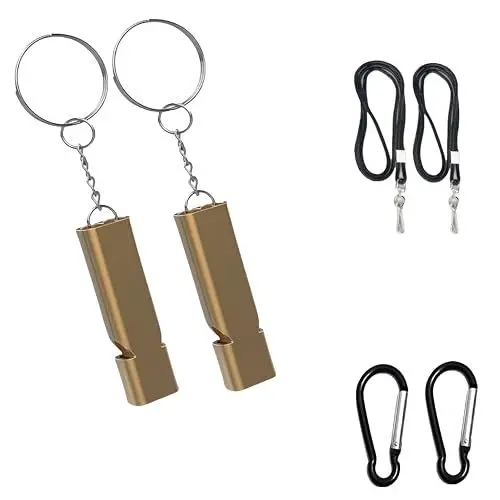 Produktbild: Rhomba 2 Stück Edelstahl Notfallpfeife Trillerpfeife, Doppel Tubes Hohe Dezibel Signalpfeife mit Schlüsselband Schlüsselanhänger für Schule Camping Jagd Sport Gym Hundetraini (A-2 Gold)