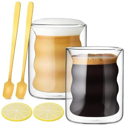 Produktbild: RHtvrll Doppelwandige Gläser mit Löffel + Untersetzer, 200ml Latte Macchiato Gläser Spiralförmig Kaffeegläser Cappuccino Kaffeebecher Espressotassen für Tee, Milch, Eiscreme, Saft (2er)