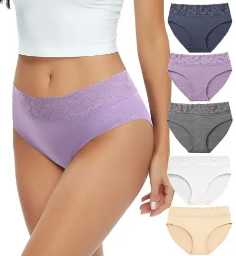 Produktbild: RHYFF Unterhosen Damen Baumwolle Unterwäsche Damen Hipster Spitze Höschen Bequem Bikini Hose Stretch Damen Slips 5er-Pack S-XL(RDE3020M-Light)
