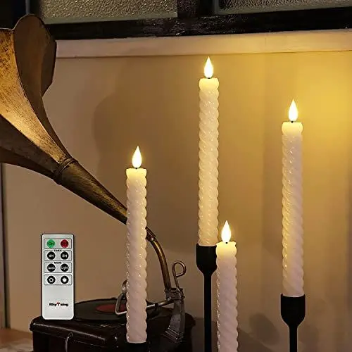 Produktbild: Rhytsing 4 flammenlose LED Weiß Spiralkerzen gedrehten Tafelkerzen mit Timer Funktion, Höhe je 25cm, Leuchterkerzen mit warmweißes Licht, Fernbedienung und Batterien enthalten