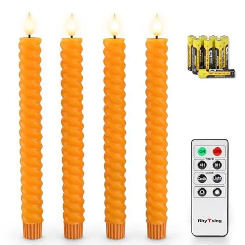 Produktbild: Rhytsing 4er Orange LED flammenlosen Twist Tafelkerzen mit Timer, Batteriebetriebene Spiral Stabkerzen für Herbst, Halloween und Thanksgiving, Fernbedienung und Batterien enthalten - H 25