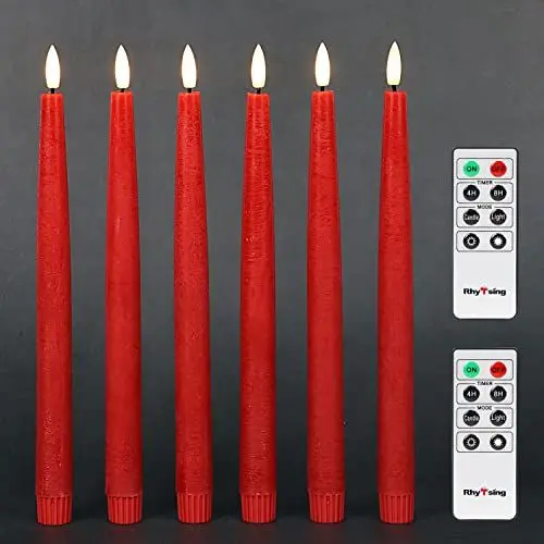 Produktbild: Rhytsing 6 flammenlose LED Stabkerzen Tafelkerzen Rot mit Timer Funktion, Höhe je 29cm, Leuchterkerzen mit warmweißes Licht, 2 Fernbedienung enthalte