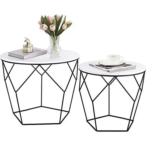 Produktbild: Ribelli 2er Set Beistelltisch, Wohnzimmertisch mit Korbfunktion, Couchtisch Rund, Korbtisch mit Abnehmbare Tischplatte, Metalltische für Wohnzimmer, Schlafzimmer, Büro, Weiß, 500341