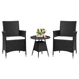 Produktbild: Ribelli 3-teiliges Rattan Gartenmöbel Set, Lounge Balkonmöbel, Wetterfest Gartenlounge, Sitzgruppe, Sitzgarnitur, Terassenmöbel für Wintergarten, Rasen, Terrasse, Garten, Kleiner Balkon, Schwarz