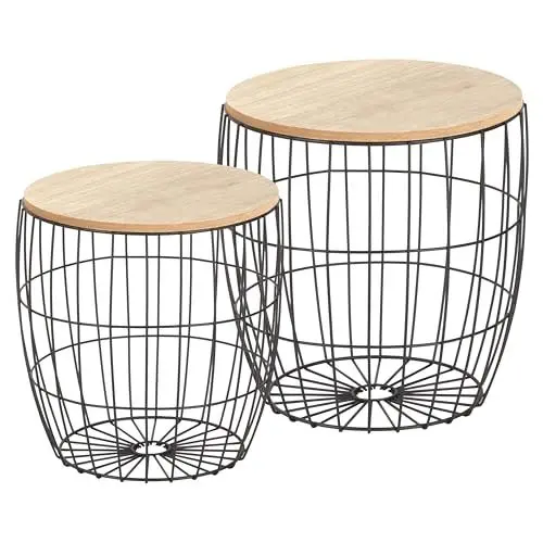 Produktbild: Ribelli Metalltisch schwarz – Holzplatte auf stabilem Metallgestell – Nachttich Beistelltisch ideal für Wohnzimmer, Schlafzimmer, Büro und Co. – Zwei Tische im Set (2er Set Braune Platte Rund)