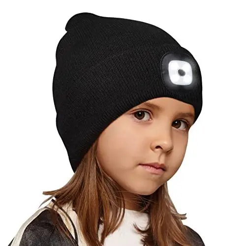 Produktbild: Richaa Geschenke für Kinder Weihnachten Mütze mit LED Licht Kinder Wiederaufladbar LED Strickmütze Wintermütze Schwarz Beanie Lustige Kleine Geschenke für Mädchen Jungen