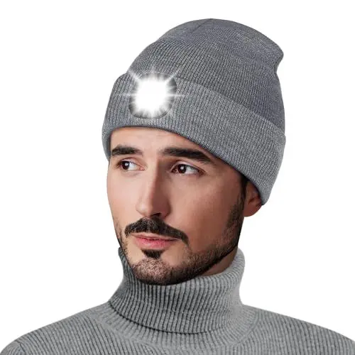 Produktbild: Richaa Geschenke für Männer Weihnachten Mütze mit LED Licht Herren Wiederaufladbare LED Mütze Damen Winter Beanie Grau Stirnlampe Lustige Kleine Geschenke für Papa Freundin Paare