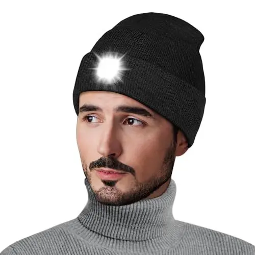 Produktbild: Richaa Geschenke für Männer Weihnachten Mütze mit LED Licht Herren Wiederaufladbare LED Mütze Damen Winter Beanie Schwarz Stirnlampe Lustige Kleine Geschenke für Papa Freundin Paare