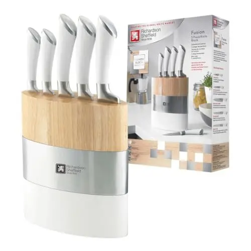 Produktbild: Richardson Sheffield FUSION Messerblock, Holz, inkl. 5-teiliges Messer-Set, Küchenmesser, Allzweckmesser, Kochmesser, Fleischmesser & Brotmesser, ergnomomischer Griff, edles Design, Weiß/Braun