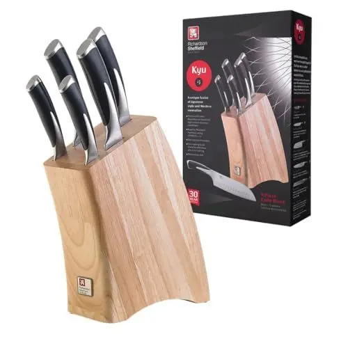 Produktbild: Richardson Sheffield KYU Messerblock mit Messer | 5-teiliges Messer-Set | Aus Kautschuk-Holz | Spickmesser, Allzweckmesser, Schinkenmesser, Brotmesser & Santokumesser | Edelstahl rostfrei & poliert