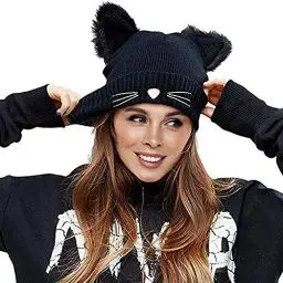 Produktbild: Richoose Strickmütze Damen Winter Strickmütze Mütze Damen Mode Wolle Nette Katzeohren Knit Beanie Hüte,Schwarz