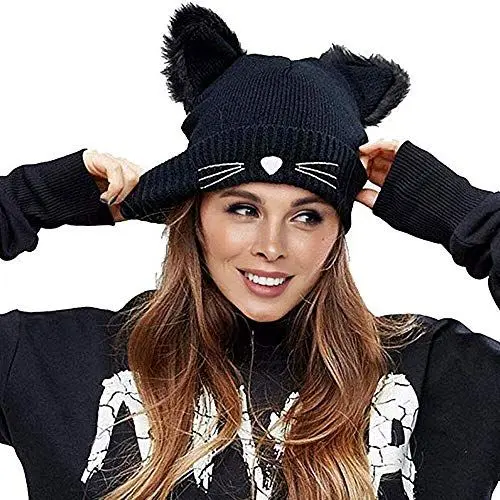 Produktbild: Richoose Strickmütze Damen Winter Strickmütze Mütze Damen Mode Wolle Nette Katzeohren Knit Beanie Hüte,Schwarz