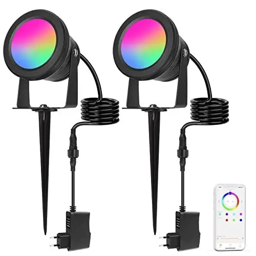 Produktbild: Gartenbeleuchtung,Richsing 15W RGB Gartenleuchte LED mit Erdspieß,IP67 Wasserdicht Smart Spot Dimmbar,2PCS Gartenstrahler mit Bluetooth App, Gartenlampe Kabel Stecker, Strahler Außen12V