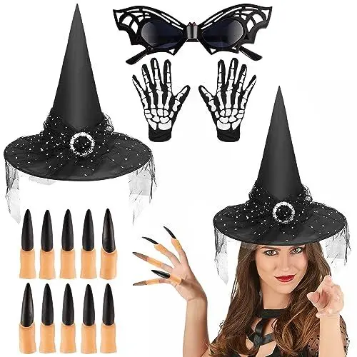 Produktbild: RICKMASK Hexe Hut Kostüm Set, 4PCS Mädchen Hexenkostüm, Halloween Partei Hexenhut, Halloween Kostüm Requisiten für Erwachsene Kinder Halloween Cosplay Maskerade Zubehör Geschenk
