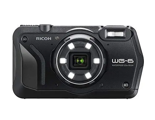 Produktbild: RICOH WG-6 Schwarz Wasserdichte Kamera Hochauflösende Bilder mit 20 MP 3-Zoll-LCD Wasserdicht bis 20 m Stoßfest bis Fallhöhe von 2,1 m Unterwassermodus Ring mit 6-LEDs für Makroaufnahmen