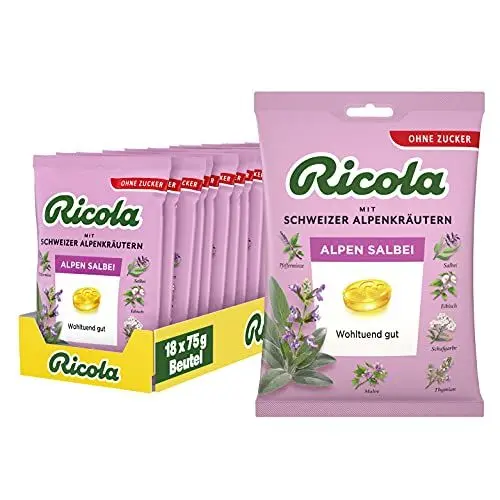 Produktbild: Ricola Alpen Salbei, 18 Beutel original Schweizer Kräuter-Bonbons mit 13 Schweizer Alpenkräutern & würzigem Salbei, zuckerfrei, 18 x 75g, vegan
