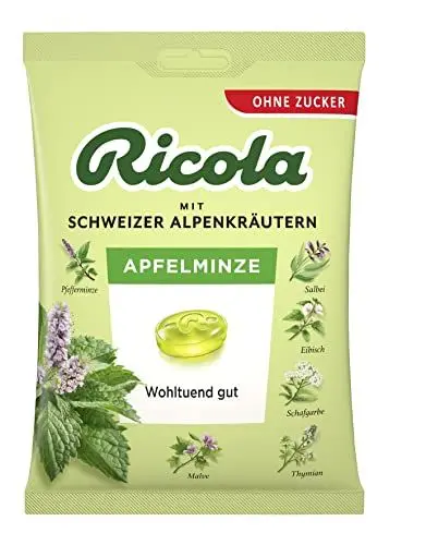 Produktbild: Ricola Apfelminze, 75g Beutel Original Schweizer Kräuter-Bonbons mit 13 Schweizer Alpenkräutern & natürlicher Apfelminze, zuckerfrei, 1 x 75g, vegan