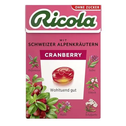 Produktbild: Ricola Cranberry, 50g Böxli Original Schweizer Kräuter-Bonbons mit 13 Alpenkräutern & fruchtig-erfrischender Cranberry, zuckerfrei, 1 x 50g, vegan