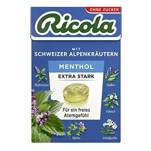 Produktbild: Ricola EXTRA STARK Menthol, 50g Böxli Original Schweizer Kräuter-Bonbons mit 13 Alpenkräutern & natürlichem Menthol, zuckerfrei, 1 x 50g, vegan