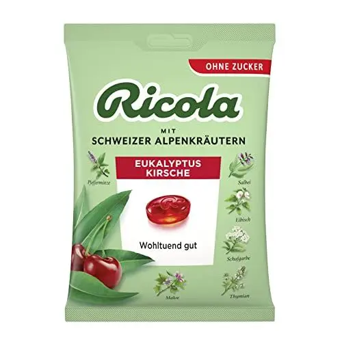 Produktbild: Ricola Eukalyptus Kirsche, 75g Beutel Original Schweizer Kräuter-Bonbons mit 13 Alpenkräutern & fruchtig-frischer Kirsche, zuckerfrei, 1 x 75g, vegan