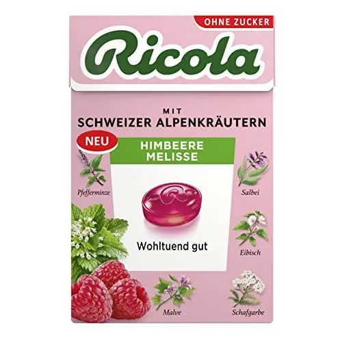Produktbild: Ricola Himbeere Melisse, 50g Böxli Original Schweizer Kräuter-Bonbons mit 13 Alpenkräutern & fruchtig-erfrischender Himbeere, zuckerfrei, 1 x 50g, vegan