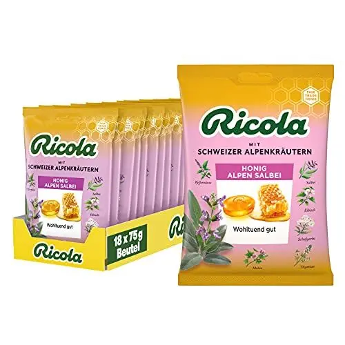 Produktbild: Ricola Honig Alpen Salbei, 18 Beutel original Schweizer Kräuter-Bonbons mit 13 Schweizer Alpenkräutern, wohltuender Genuss, 18 x 75g
