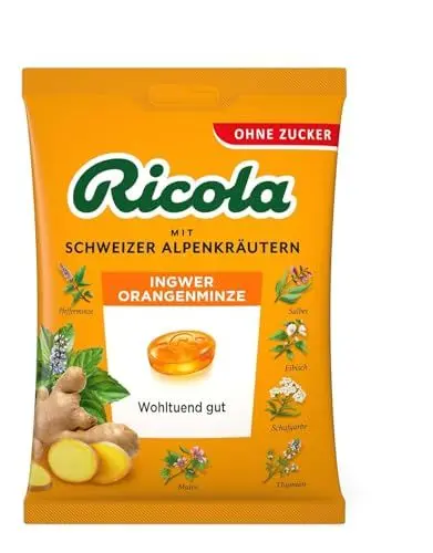 Produktbild: Ricola Ingwer & Orangenminze, 75g Beutel Original Schweizer Kräuter-Bonbons mit 13 Alpenkräutern, zuckerfrei, 1 x 75g, vegan