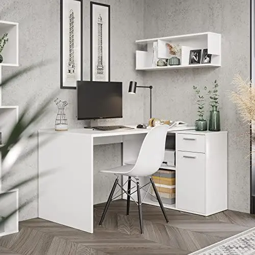Produktbild: RICOO Eckschreibtisch Winkelschreibtisch 136x101x75 cm Ecktisch L-Form Groß Arbeitsplatz Eck Schreibtisch Arbeitszimmer WM083-WM Weiss – Computertisch Gaming Tisch Arbeitstisch Bürotisch