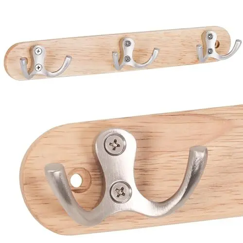 Produktbild: RICOO Garderobenhaken Holz, Kleiderhaken Wand, MH013, Wandhaken Holz, Garderobenleiste, mit 3 Haken, Edelstahl, 27 cm, Wandgarderobe, Holzhaken zum Schrauben