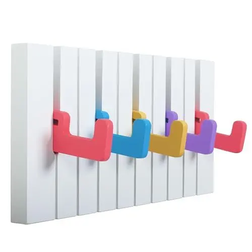 Produktbild: RICOO Garderobenhaken Wandhaken WM1885-S, Kindergarderobe Hakenleiste Klavier Design, Bunte Holz-Garderobenleiste, Modern & Klappbar, 5 Ausklappbare Haken für Kinderzimmer, Flur und Küche - 29x15x2cm
