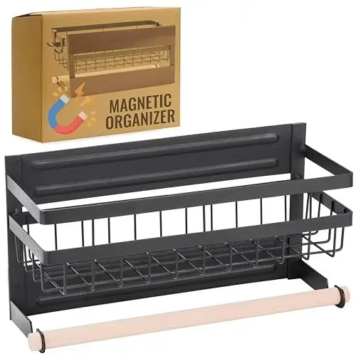 Produktbild: RICOO Gewürzregal Magnetisch mit Küchenrollenhalter ohne Bohren, KR005, Gewürz Organizer, Kühlschrank Regal, Papierrollenhalter, Gewürzregal Wand, Gewürzregalsystem, Gewürzaufbewahrung, Schwarz