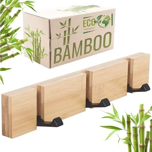 Produktbild: RICOO Moderner Garderobenhaken MH023S-N, Hakenleiste mit 3 Klapphaken aus Bambus und Stahl, Kleiderhaken, Garderobenleiste, Wandgarderobe, Ideal für Jacken, Handtaschen, Hüte, 2x30x5,5cm, Naturfarbe