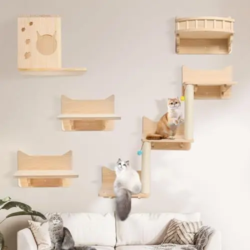 Produktbild: Ricyea Katzen Kletterwand Set, 5-Teiliges Katzen Wandelemente, 3 Stufen Katzentreppe Wand mit 2 Plüschbälle, Stabiler Katzenwand, Katzenliege, Katzenhöhle, Holz Katzenmöbel Set für Katzen Catwalk