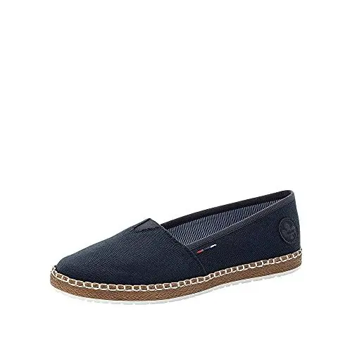 Produktbild: Rieker Damen Flats M2278, Frauen Espadrilles,Slip-ons,Schlupfschuhe,schluepfschuhe,geflochten,Bast-Optik,Halbschuhe,umflochten,blau (14),39 EU / 6 UK