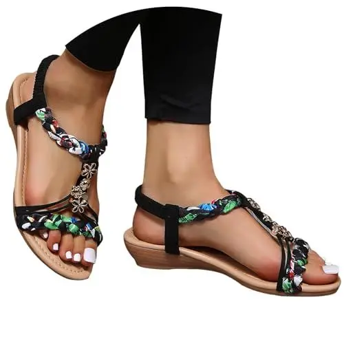 Produktbild: Riemchensandalen Damen, Sandalen Damen Sommer Plateau Keilsandalen Bohemia Sandals mit Strass Perlen Freizeit Strandschuhe Orthopädische Schuhe Ankle Flip Flops Geflochtene Sandalette, Schwarz, 39