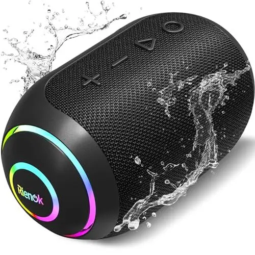 Produktbild: RIENOK Bluetooth Lautsprecher LED Bluetooth 5.3 Klein Tragbar Musikbox Stereo Kabellos Box mit 10 Stunden Spielzeit IPX7 Wasserdicht TF Karte