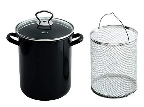Produktbild: Riess, 0344-022, Pastatopf, Spargeltopf mit Einsatz und Deckel, CLASSIC - SPEZIALARTIKEL, Durchmesser 16 cm, Höhe 27,3 cm (ohne Deckel 20,5 cm), Inhalt 3,5 Liter, Emaille, schwarz, Induktion