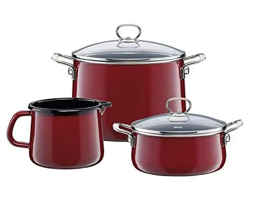 Produktbild: Riess, 0520-008, Starter-Set 3-teilig, NOUVELLE, ROSSO EXTRA STARK, bestehend aus: Fleischtopf mit Glasdeckel 20 cm, Kasserolle mit Glasdeckel 16 cm, Schnabeltopf 12 cm, Emaille, Topfset, Kochtopfset, Kochgeschirr