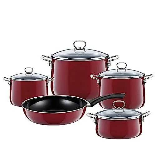 Produktbild: Riess Nouvelle Kochset 5-teilig aus Emaille in der Farbe Rosso mit Deckeln, Maße: 16cm bis 24cm, 0558-008